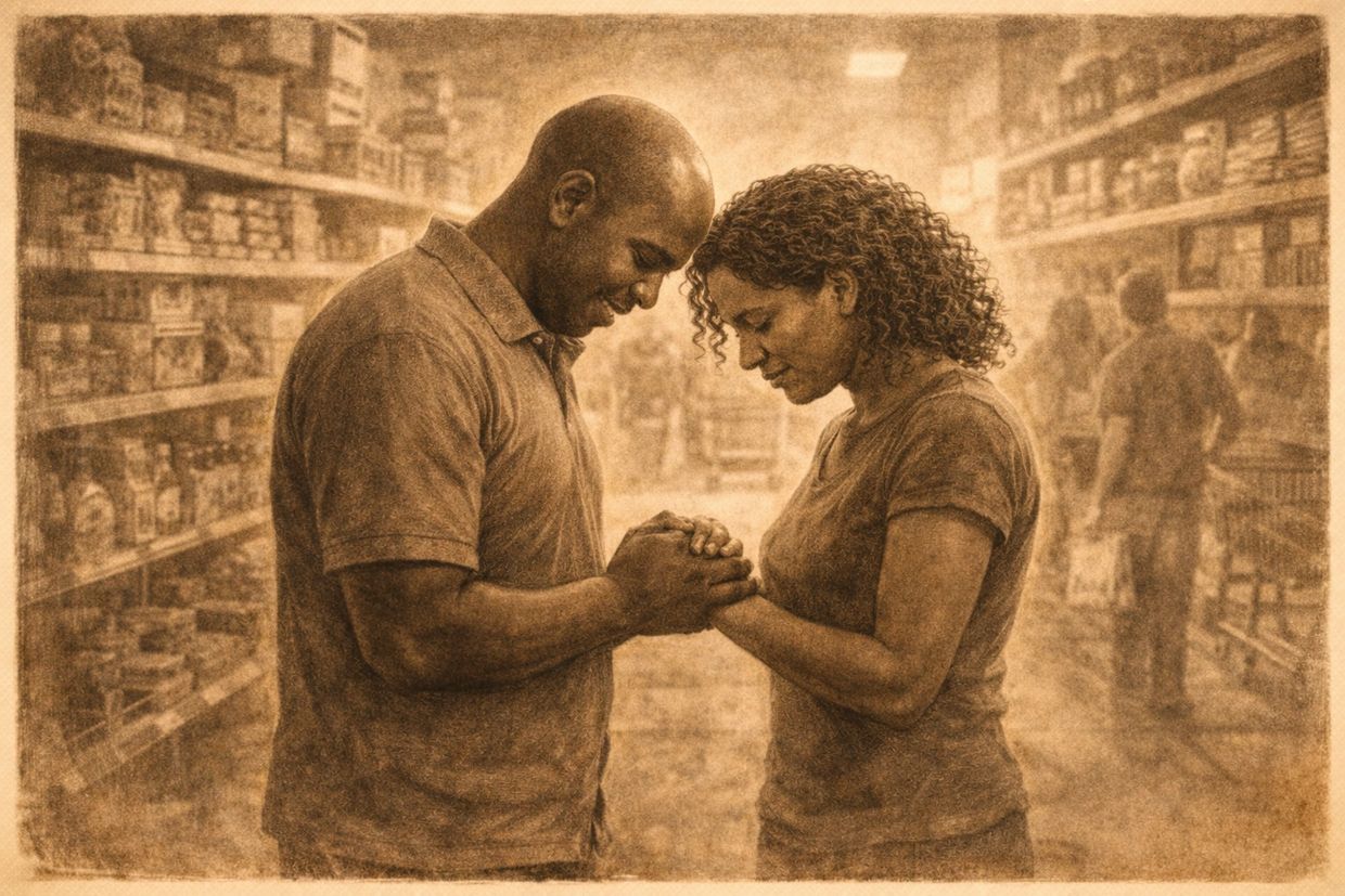 A couple holds hands tenderly in a store aisle, sharing a quiet moment.