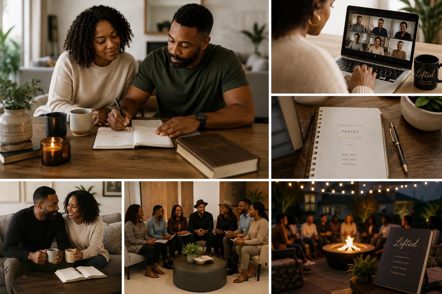 People engaging in reflection, prayer, and community connection activities.