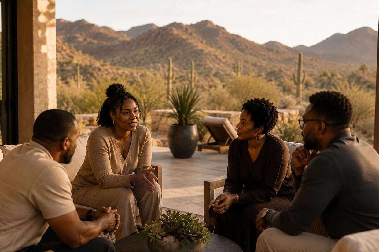 Four people having a meaningful conversation on a patio with desert mountains in the background.