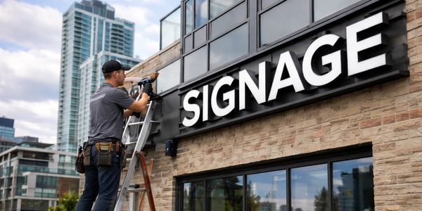 Installer mounting signage on building exterior