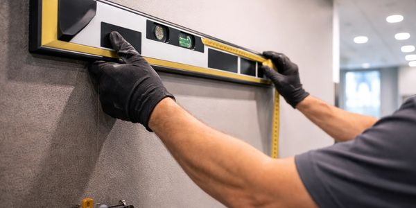 Sign installer aligning modern signage tools