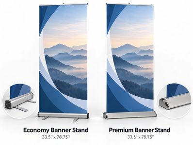 Economy and premium retractable banner stands with close-up views of their base designs.