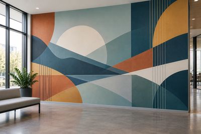 Illustrative example of a geometric wall mural in a modern office reception area.
