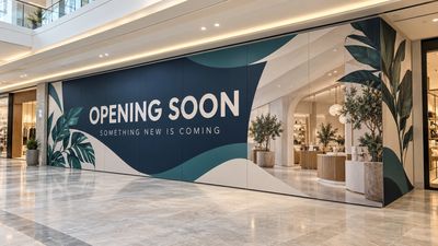 Indoor shopping mall storefront covered with custom opening-soon hoarding graphics.