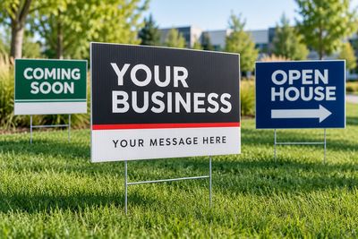 Custom Coroplast yard sign mockups on metal H-stakes, showing business, coming soon, and open house 