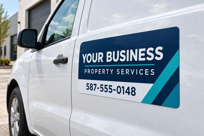 Navy, teal and white magnetic sign with rounded corners displayed on the side of a white work van
