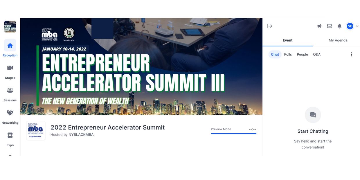 Virtual event page for the 2022 Entrepreneur Accelerator Summit hosted by NYBLACKMBA.