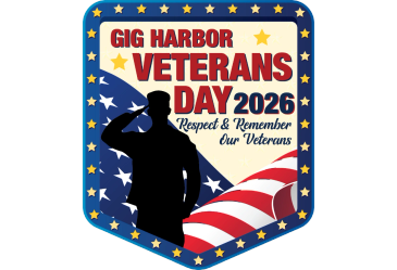 Gig Harbor Veterans Day 2026 emblem with salute and American flag.