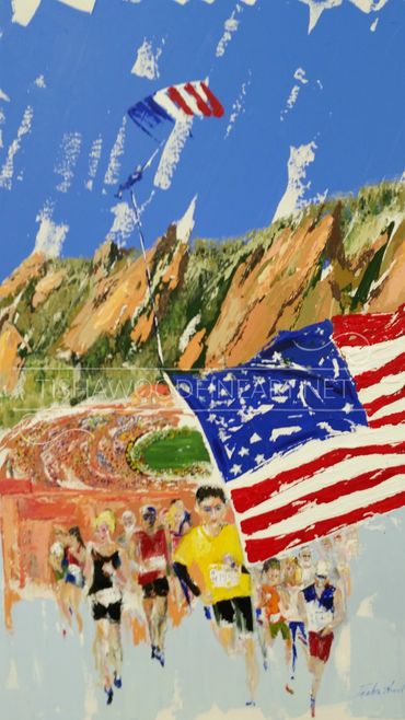 Runners in a race with an American flag and patriotic kite overhead.