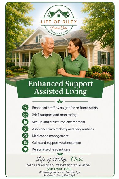 Elderly man being assisted at Life of Riley Care Traverse City, MI and explanation of Oaks services.