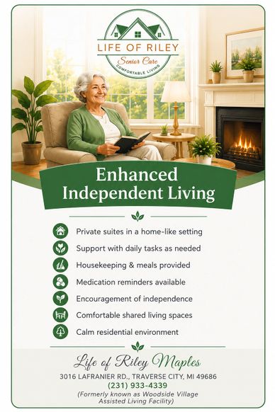 Elderly woman at Life of Riley Assisted Living Care Traverse City, MI and explanation of Maples serv