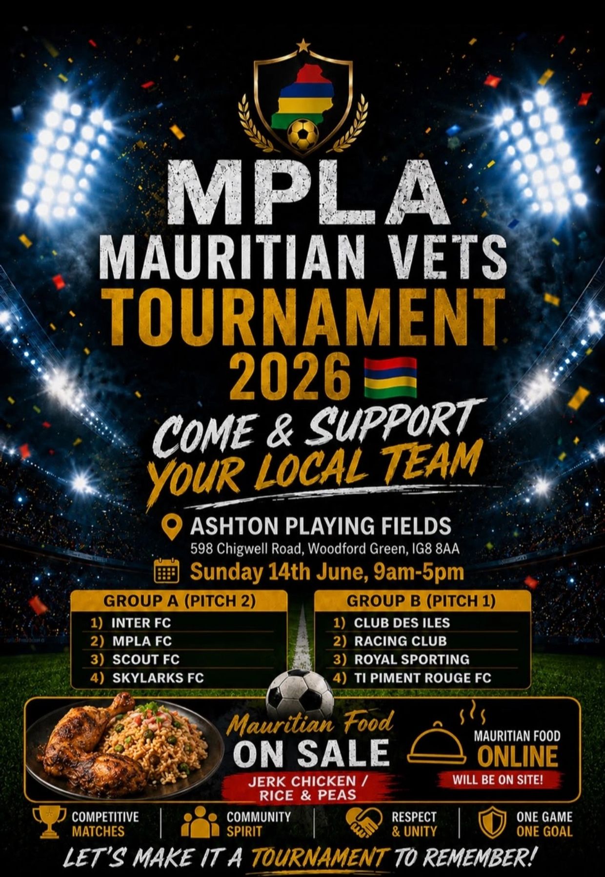 MPLA Mauritian Vets Tournament 2026 promoting local football and food at Ashton Playing Fields.