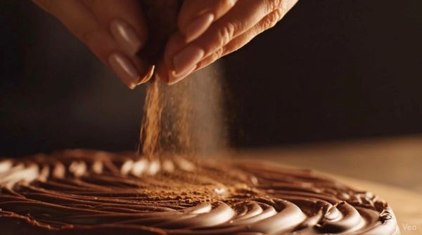 Acabado final de chocolate artesanal gourmet con cacao espolvoreado, cuidando cada detalle