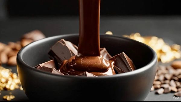 Chocolate gourmet derritiéndose sobre trozos de chocolate artesanal, preparado con técnica y detalle