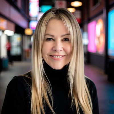 Smiling blonde woman in a black turtleneck, standing in a softly lit urban setting.