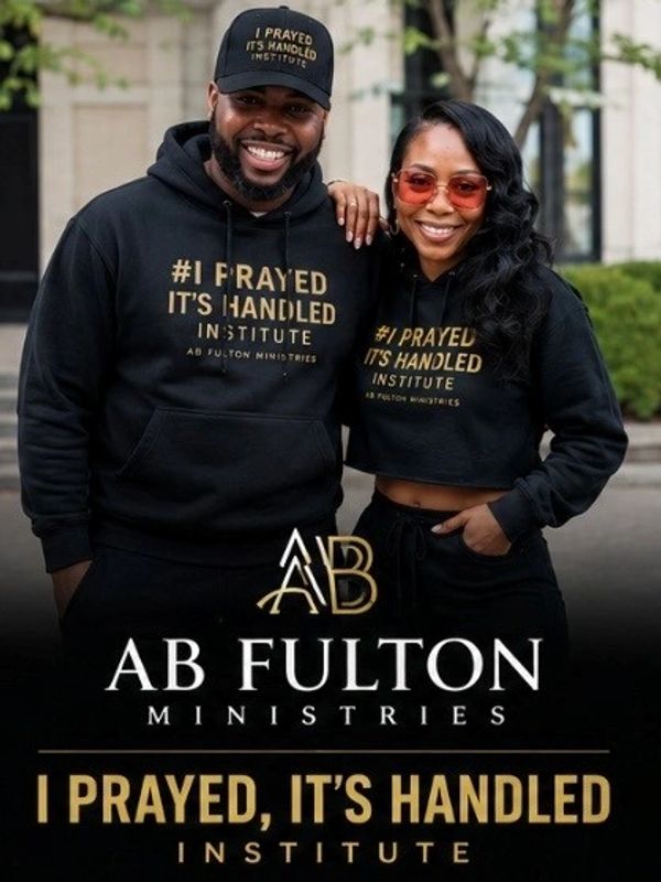 Couple wearing matching black outfits promoting AB Fulton Ministries' prayer message.