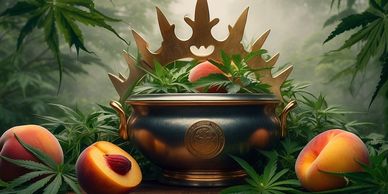 Peaches and cannabis under a crown in a pot. 
