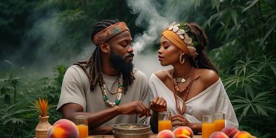 A couple enjoying peaches and herbs outside. 