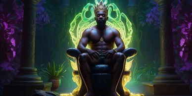 A king healing and relaxing on a throne over a steaming pot of medicinal herbs.