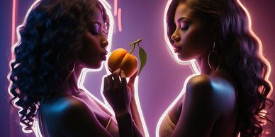 Two women appreciating a supple peach.