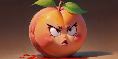 An animated peach with a disgruntled woman's expression for a face.