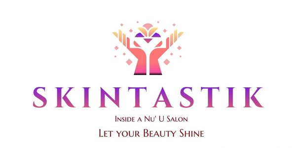 Skintastik logo with hands and flower symbol, promoting beauty shine inside a salon.