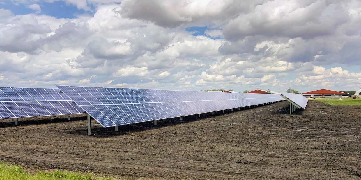 Solar array on a farm, side/front view
