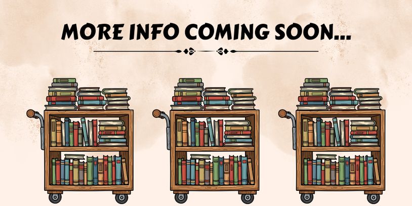 Three book carts filled with books and a notice saying more info coming soon.