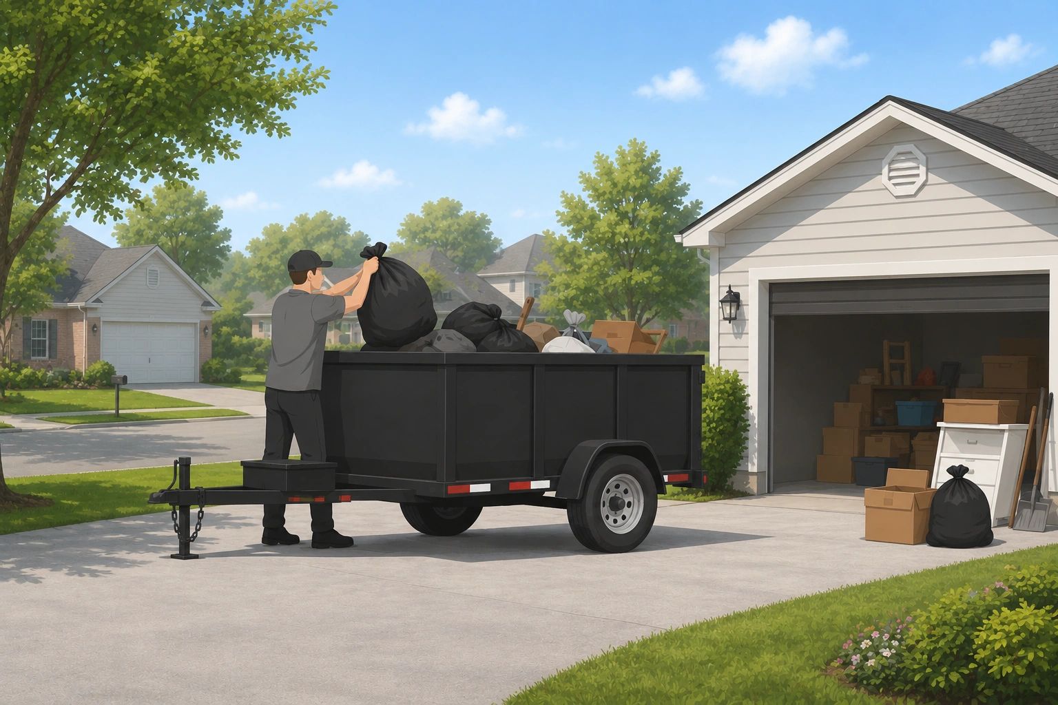 Man loading garbage bags onto a black trailer outside a garage filled with boxes.