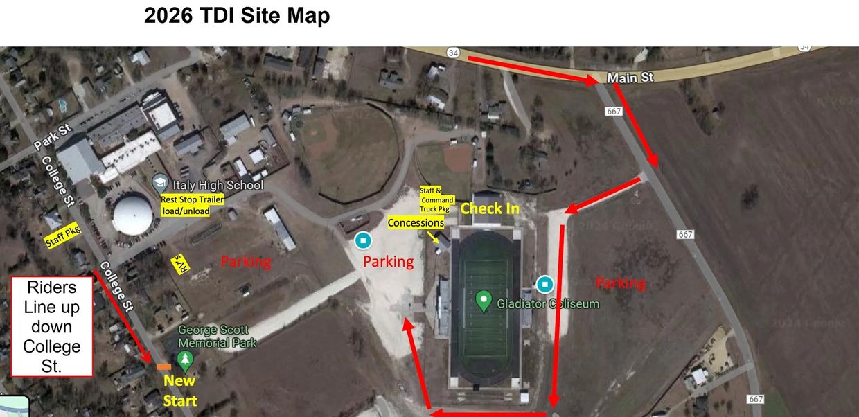 A 2026 site map showing routes, parking, and check-in areas around Italy High School stadium.
