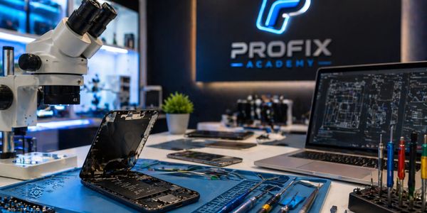 A tech repair workspace with a dismantled smartphone and tools.