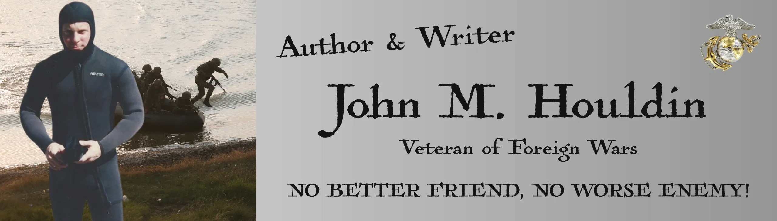 Author John M. Houldin, veteran, in wetsuit with military team in background.