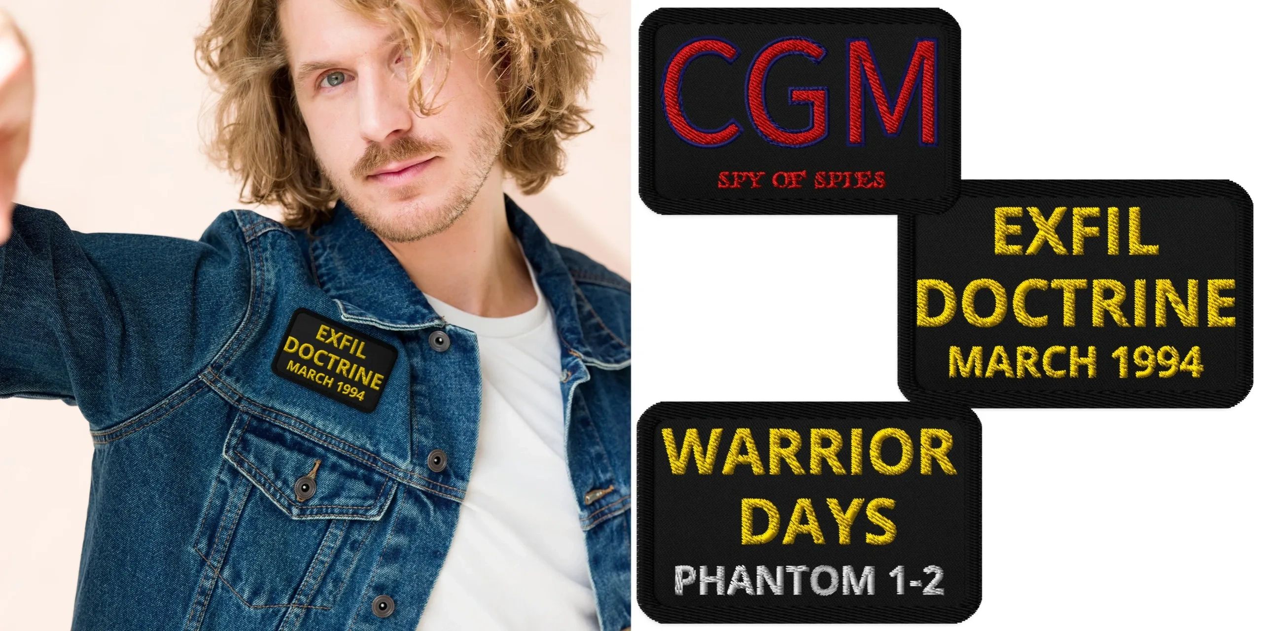 Man wearing a denim jacket with a yellow embroidered patch that reads 'EXFIL DOCTRINE MARCH 1994'.