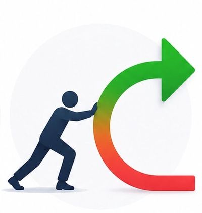Person pushing a curved arrow upward and rightward.