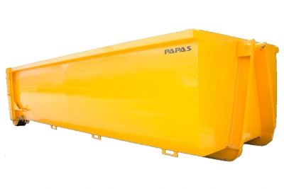 Bright yellow industrial container with the label PAPAS.
