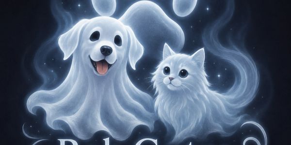 Ghostly dog and cat with paw prints in the background.
