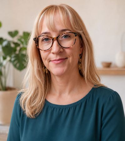 Smiling woman with glasses and blonde hair indoors.
