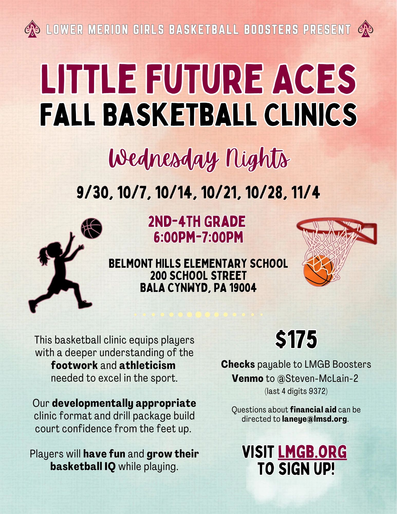 Spring basketball clinics for 2nd-4th graders at Belmont Hills Elementary.