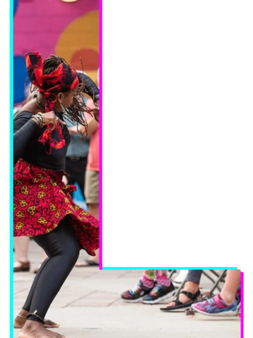 A woman dancing energetically in colorful traditional attire on a street.