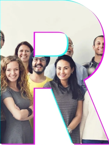 Diverse group of smiling people inside a stylized letter 'R'.