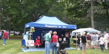 Outside at a festival, a show under the tent.
Many people of all ages pass by and see the shows duri
