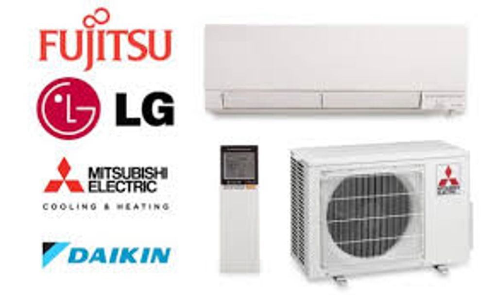 Air conditioner units and logos of top brands like Fujitsu, LG, Mitsubishi, and Daikin.