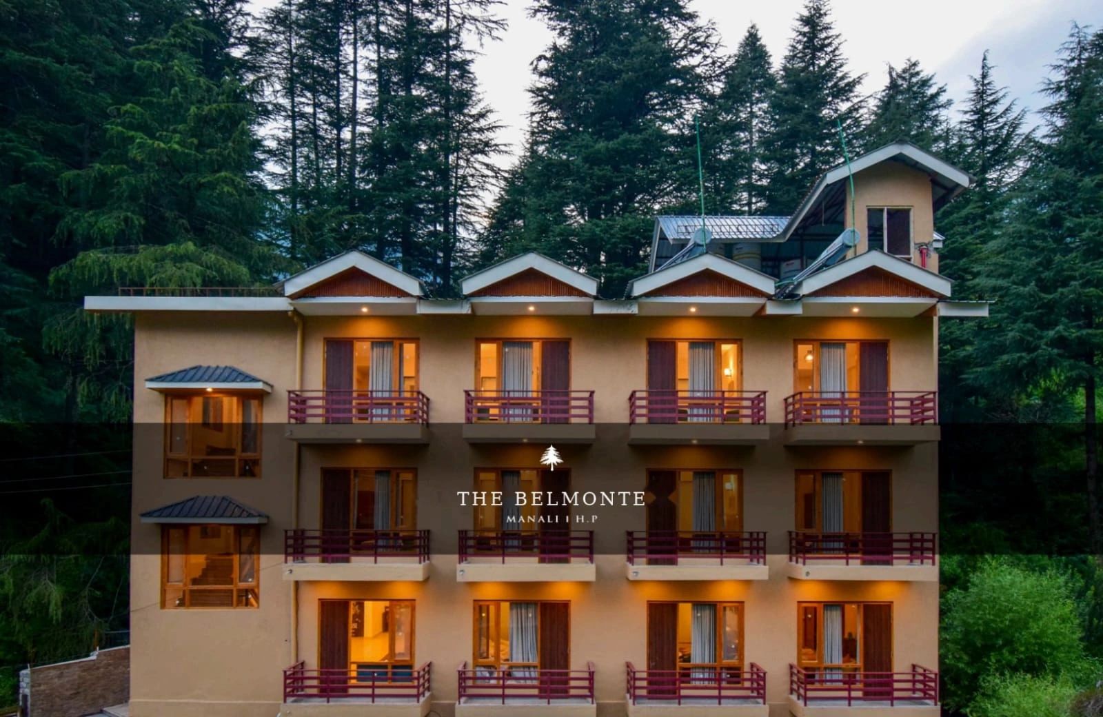 Exterior view of The Belmonte hotel in Manali surrounded by trees.