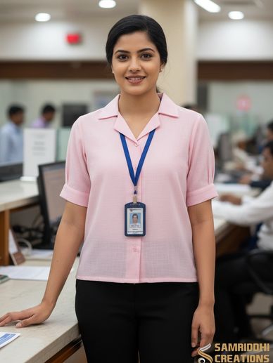 Lady in her corporate lapel collar shirt and formal trousers