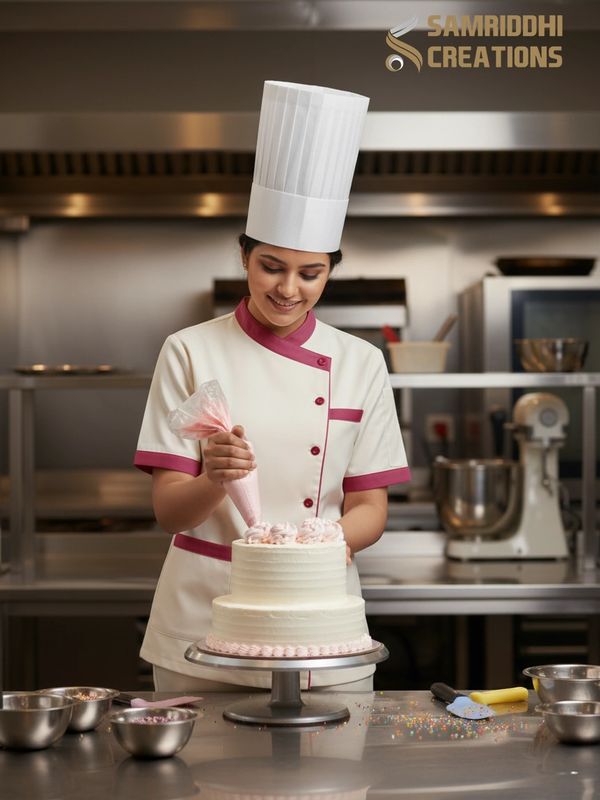 A pastry chef decorates a two-tier cake with pink frosting in a professional kitchen.