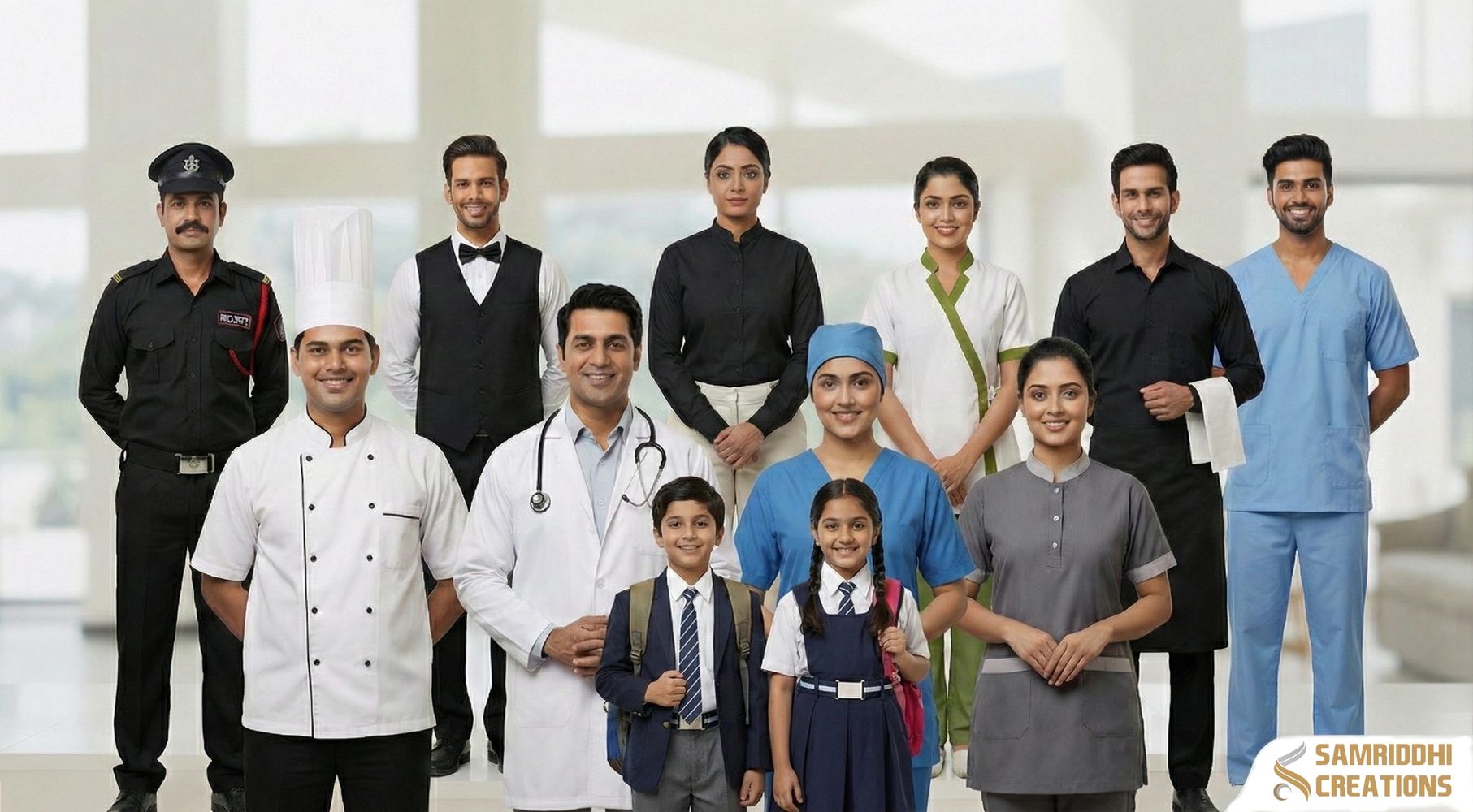 staff and students wearing their uniforms such as chef coat, lab coat, scrub suit, OT gown, 