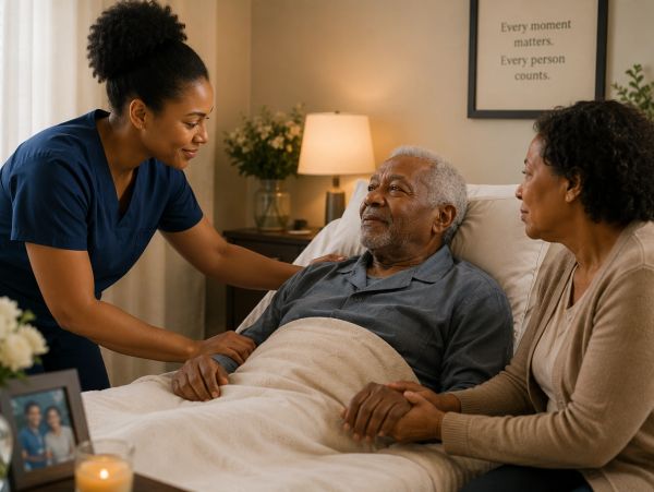 Nurse comforting elderly man in bed with a woman holding his hand.