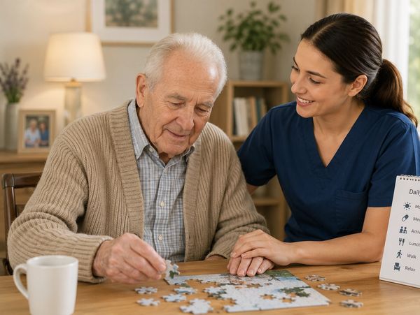 Elderly man doing a puzzle with a caregiver.