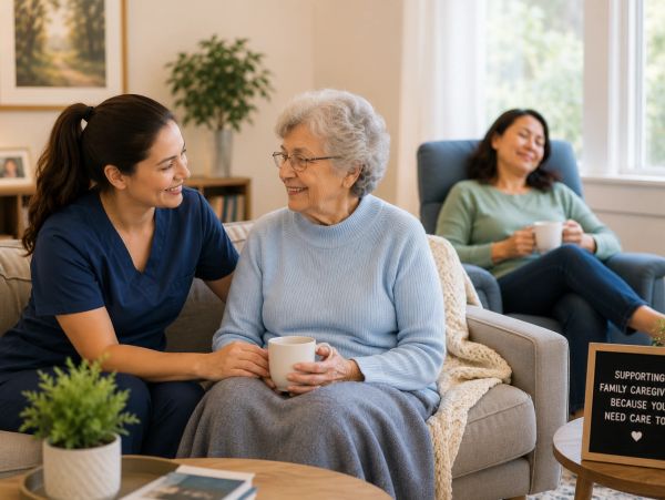 Caregiver smiling with elderly woman holding tea.