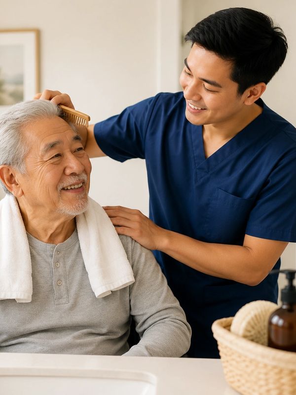 Young caregiver combing elderly man's hair.